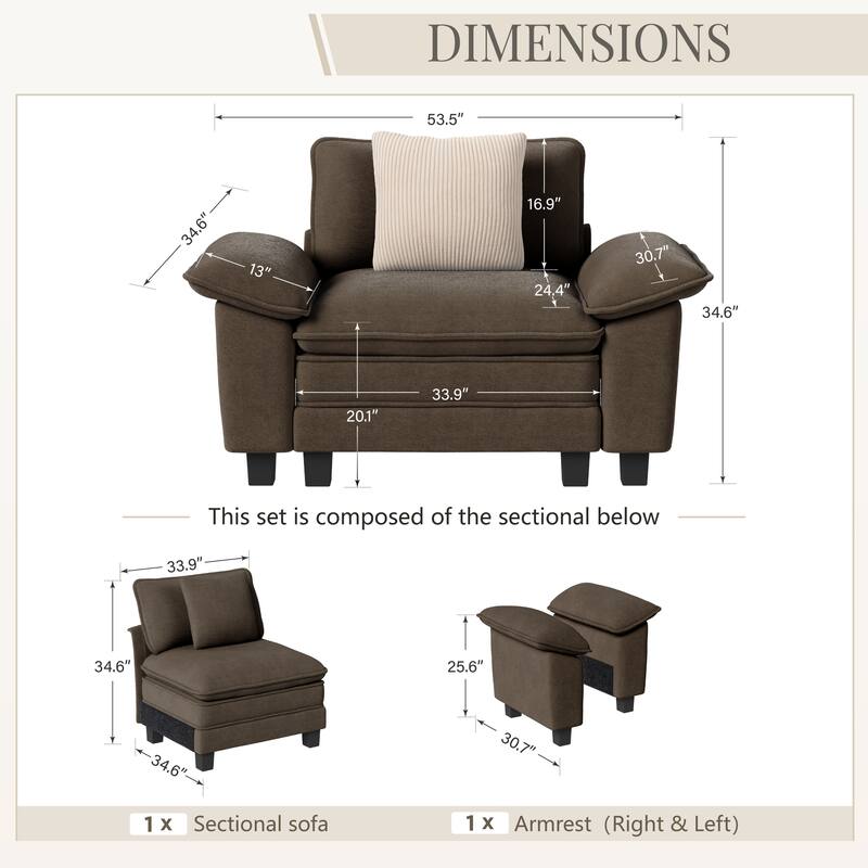 MAISON ARTS Cloud Modular Deep Seat Sofa, Chenille or Corduroy Sectional Couch with Removable Arms, 1–4 Seater