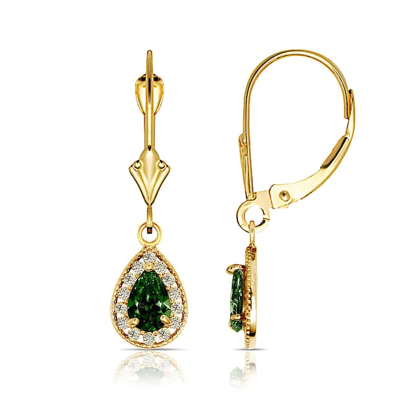 Curata Solid 14k Yellow Gold Birthstone Beaded Pear-shaped Cubic Zirconia Halo Dangle Leverback Earrings (6mm x 24mm)