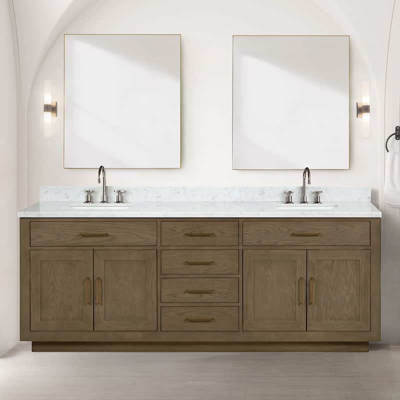 Lexora Abbey Bath Vanity, Carrara Marble Top, Faucet Set, and Mirror - 84 Inch - Grey Oak