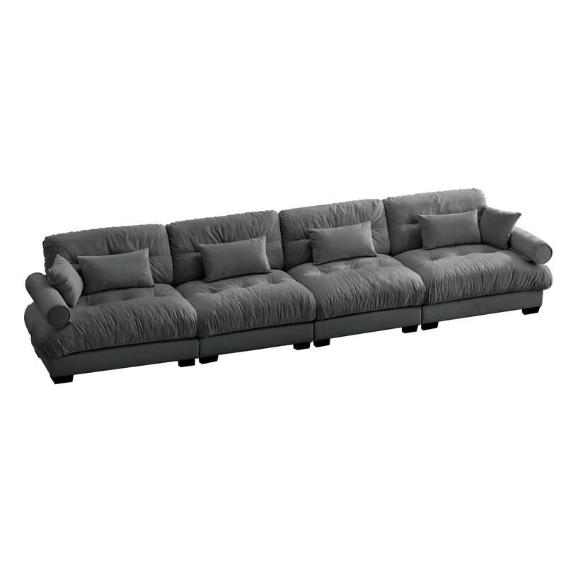 166" Velvet 4-Seater Sofa with Bolster Armrests, High-Resilience Sponge Cushions
