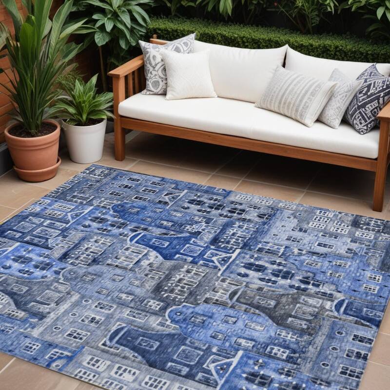 HomeRoots Village Houses Transitional Rectangle Outdoor Rug - 9' X 12'