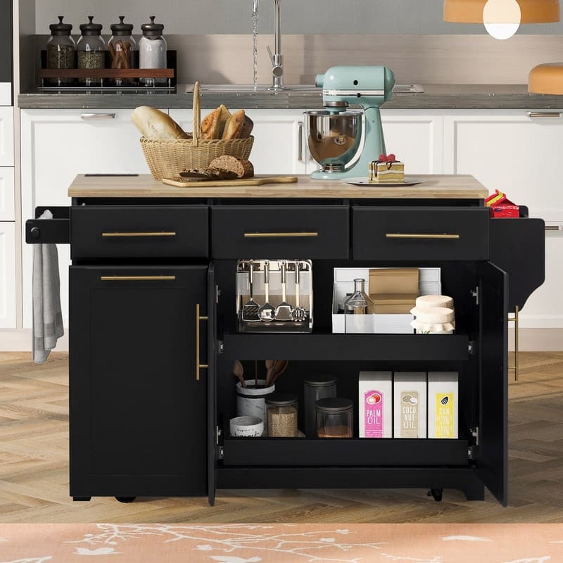 59.3" Rolling Kitchen Island with Storage and Pull-Out Organizers Rubber Wood Drop Leaf Rolling Design for Versatile Use
