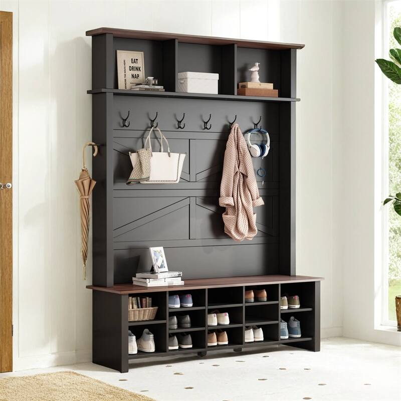 4-in-1 Hall Tree with 6 Hooks,Entryway Bench with Adjustable Shelves