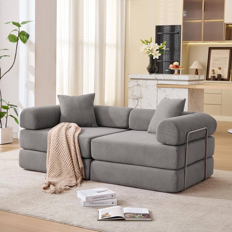 Folding Mattress Lounge Sofa with Corduroy Cushions, Convertible Sofa Bed Sleeper Sofa with Removable Armrests