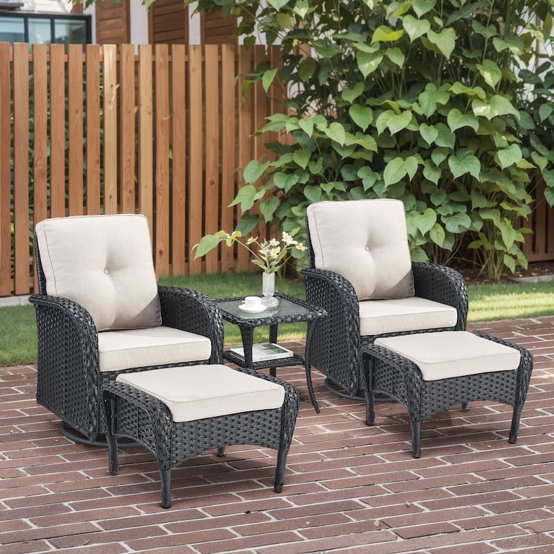 Outdoor Swivel Chairs with Side Table and Ottomans - Beige - Black