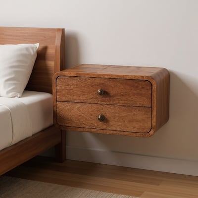 HomeRoots 18" Brown Solid Wood Two Drawer Floating Nightstand