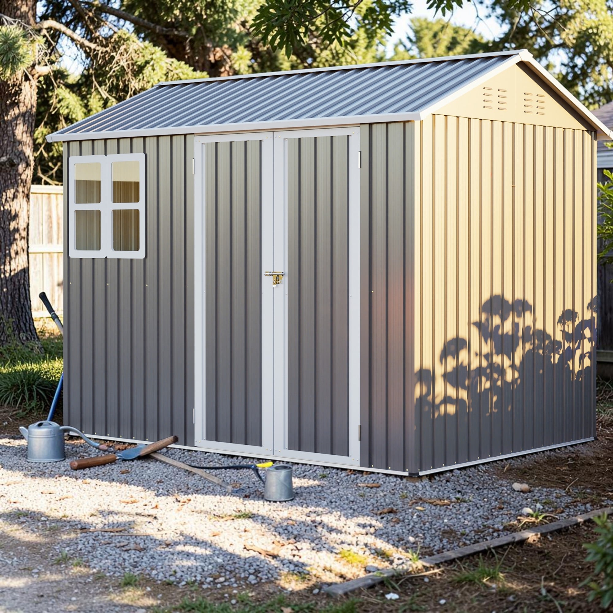 8x6 Ft Steel Storage Shed with Window, Lockable Doors, Sloped Roof, Outdoor Garden Tool Shed