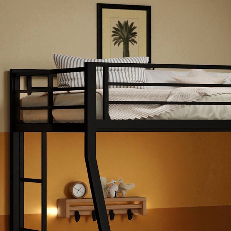 Full Size Metal Bunk Bed with Ladder and Rolling Trundle, Square Tube Frame, Heavy-Duty Triple-Sleeper for Home or Dorm