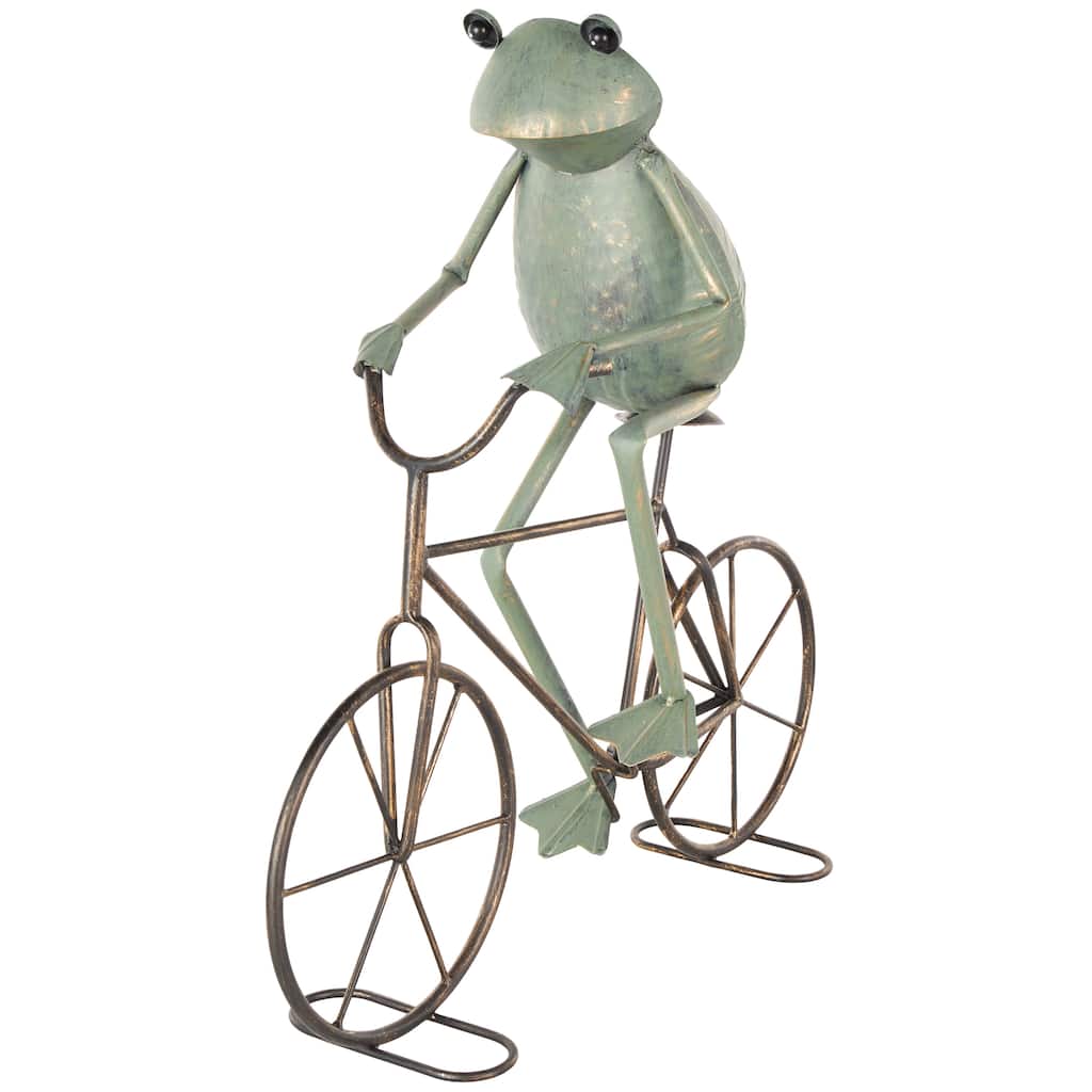 Metal Frog On Bicycle Garden Sculpture with Gold Accents - Green or Copper - Roche River Decor