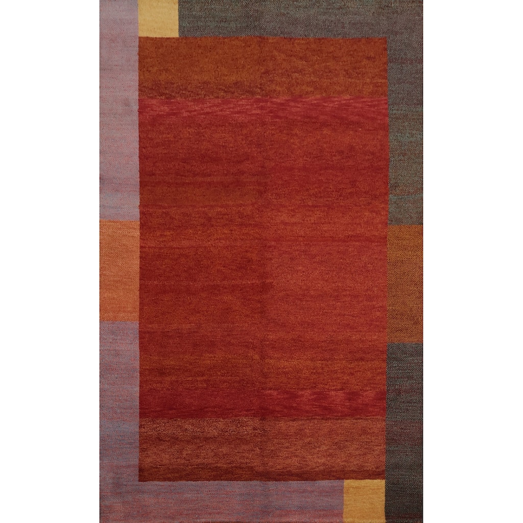 Hand Knotted Oriental 100% Wool Carpet Modern Geometric Oranges & Rust Gabbeh Area Rug - 9' 8'' X 6' 5''