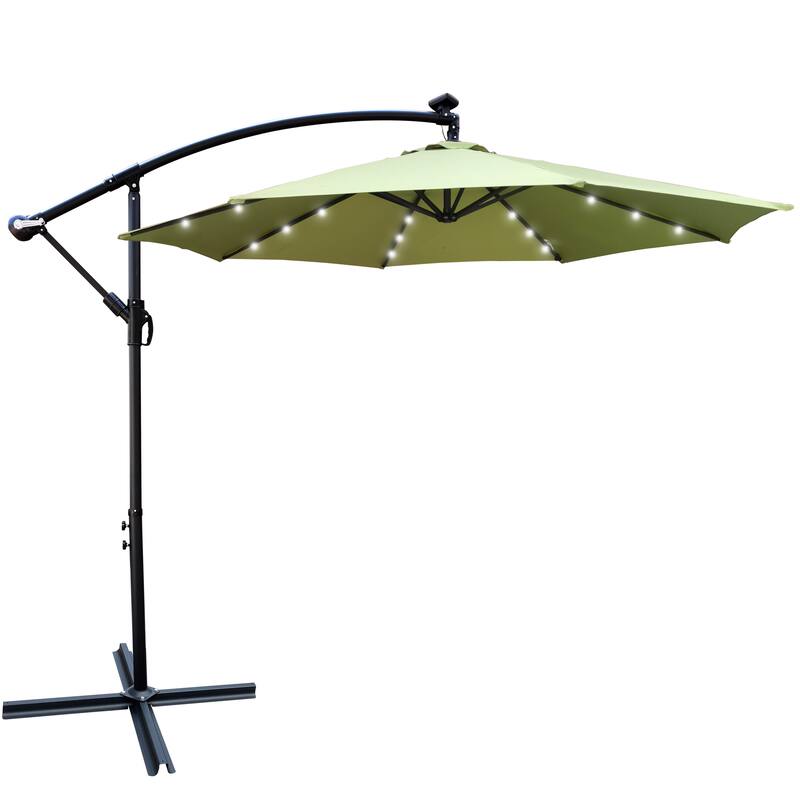 Outdoor Patio Umbrella Solar Powered LED Lighted Sun Shade Market Waterproof 8 Ribs Umbrella with Crank and Cross Base