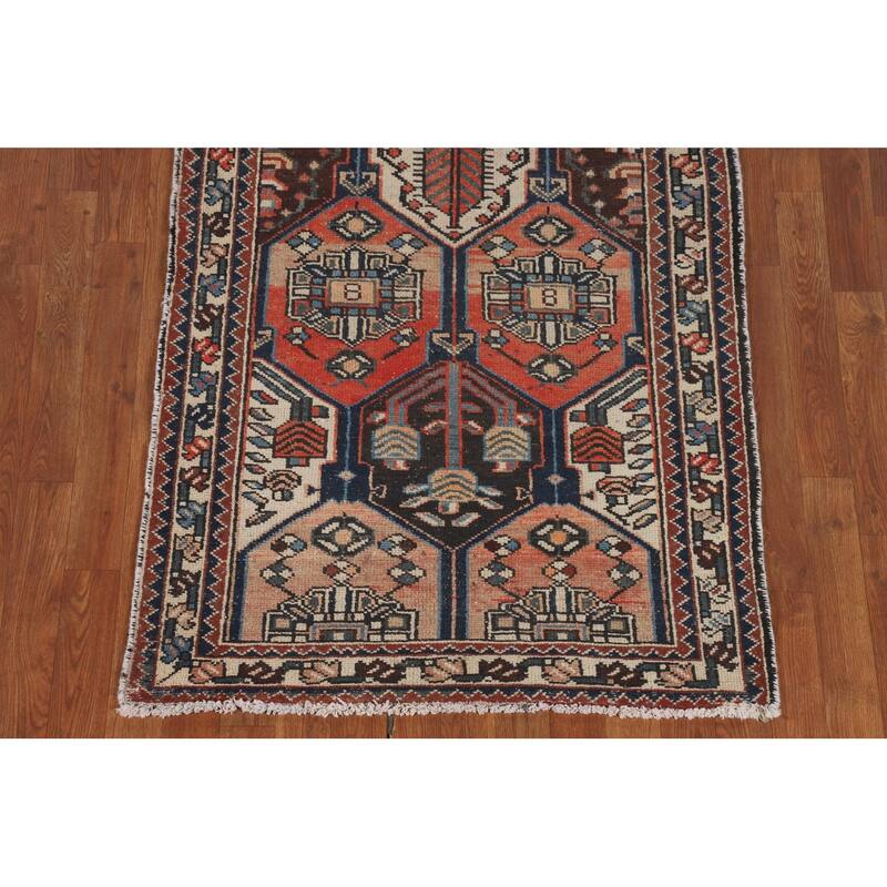 Tribal Orange Hamedan Persian Vintage Runner Rug Handmade Wool Carpet - 3'3" x 9'4"