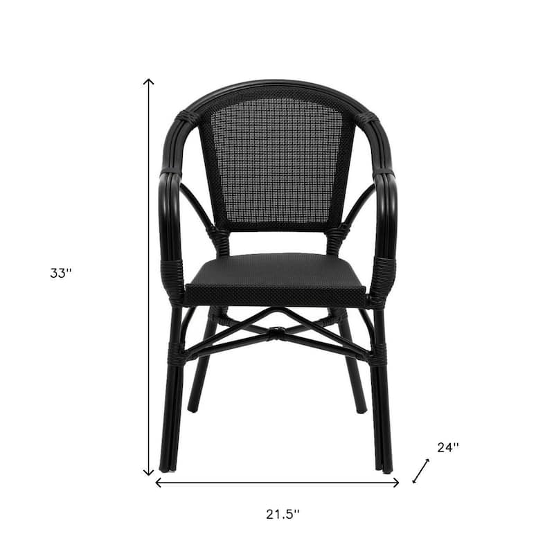 Set of Two Black Textured Mesh Sling And Aluminum Outdoor Stacking Arm Chairs