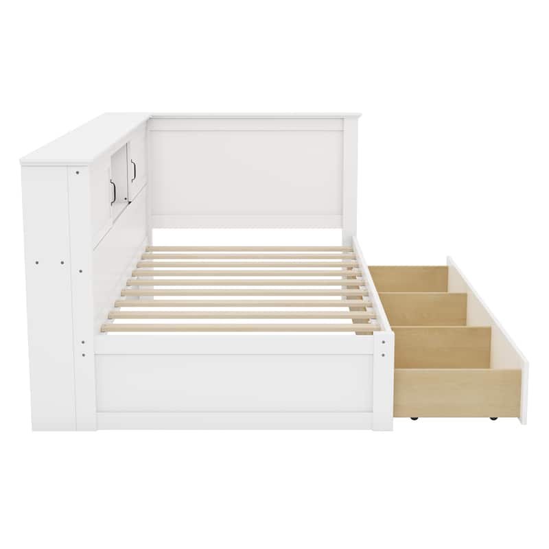 L-Shaped Corner Bed Frame with Drawer, Bookcase, LED Downlight and USB Port