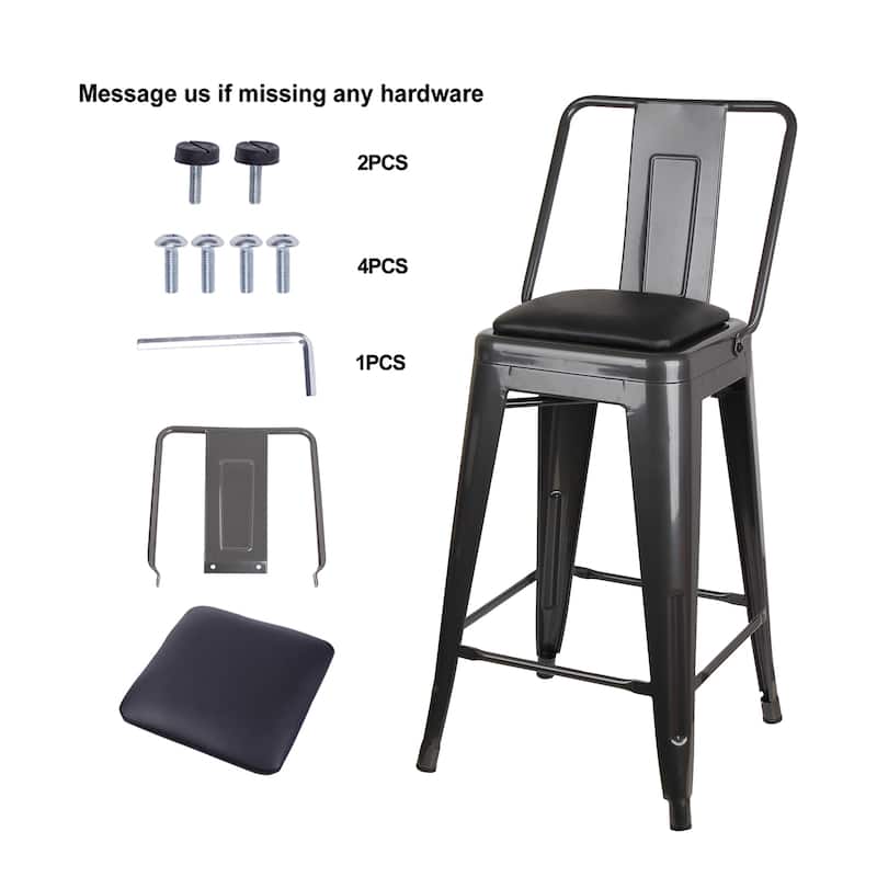 24" High Back Metal Stool with Leather Cushion-Set of 2