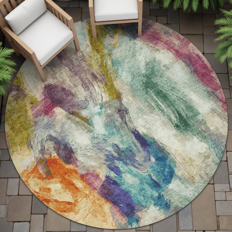 Machine Washable Indoor/Outdoor Modern Brushstrokes Chantille Rug - Sage - 8' x 8'