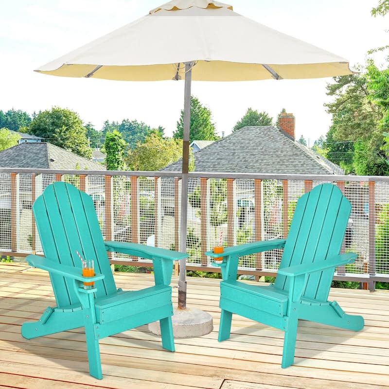 Gymax 2PCS Patio Folding Adirondack Chair Weather Resistant Cup Holder