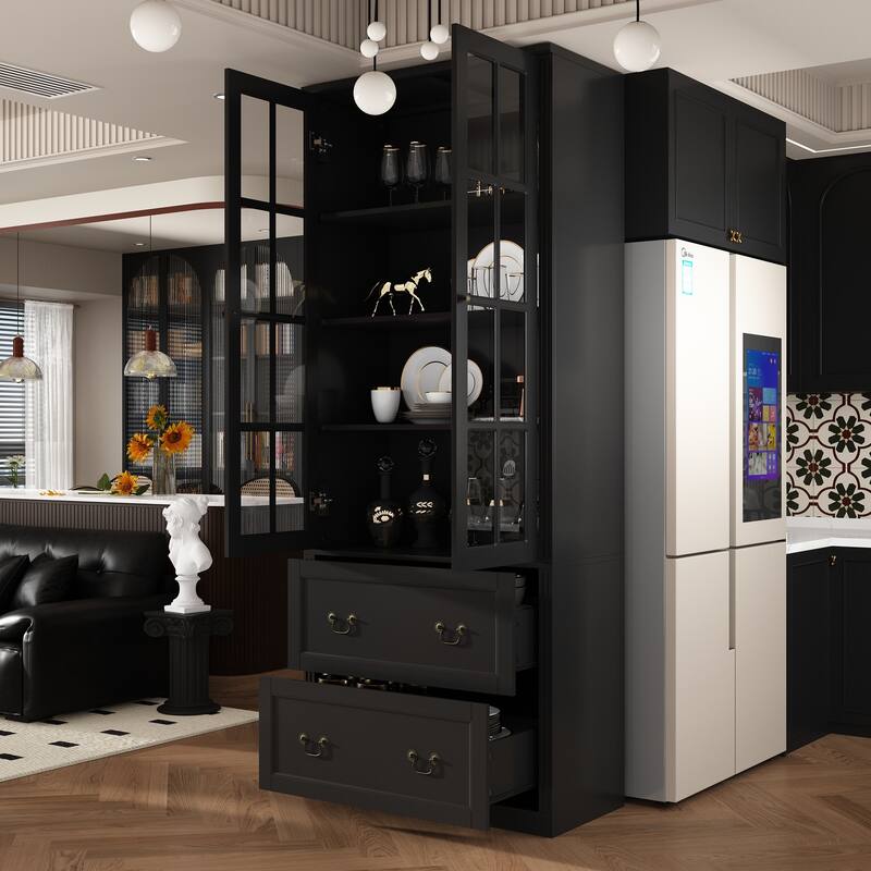 78.7" Combo Buffet Bookcase Storage Cabinet Glass Bookshelf Display - 31.5"W - Black