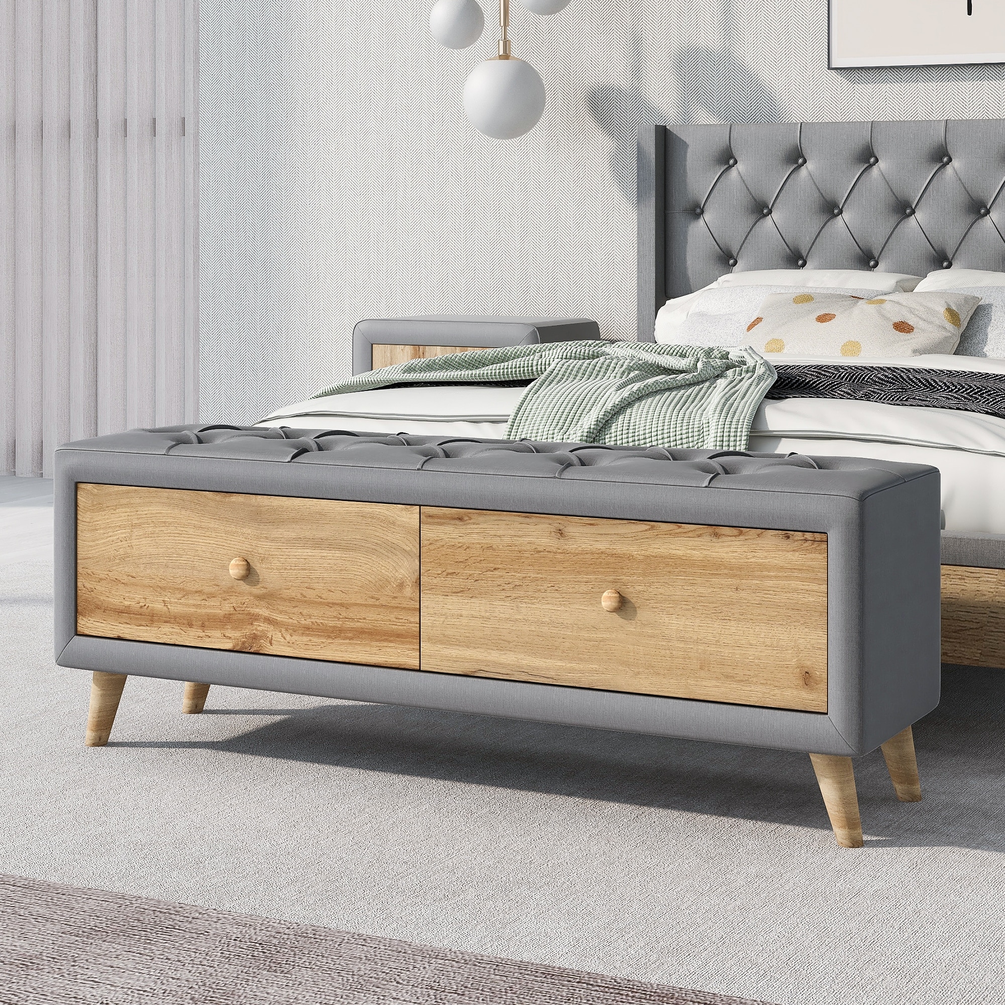 Upholstered Wooden Storage Ottoman Bench with 2 Drawers for