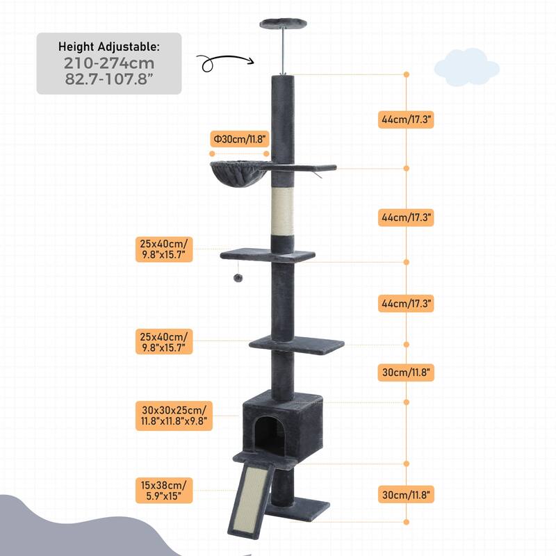 Adjustable Height Floor to Ceiling 5-Tier Tall Cat Tree Tower for Indoor Cats with Cat Condo, Cat Scratching Post and Cat Ladder