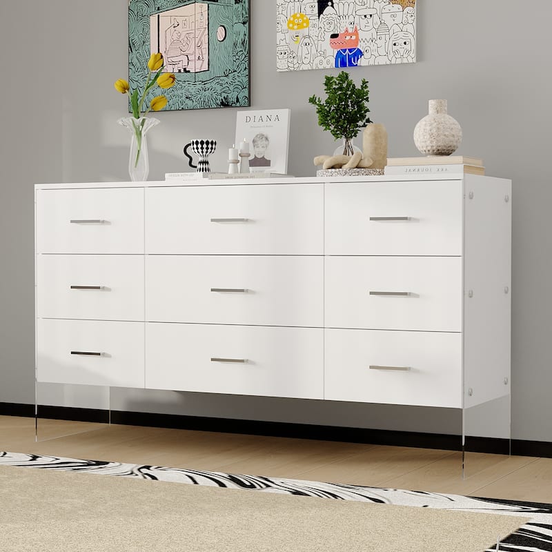 Dresser Chest of 9 Drawers Triple Dresser with Glass Legs White