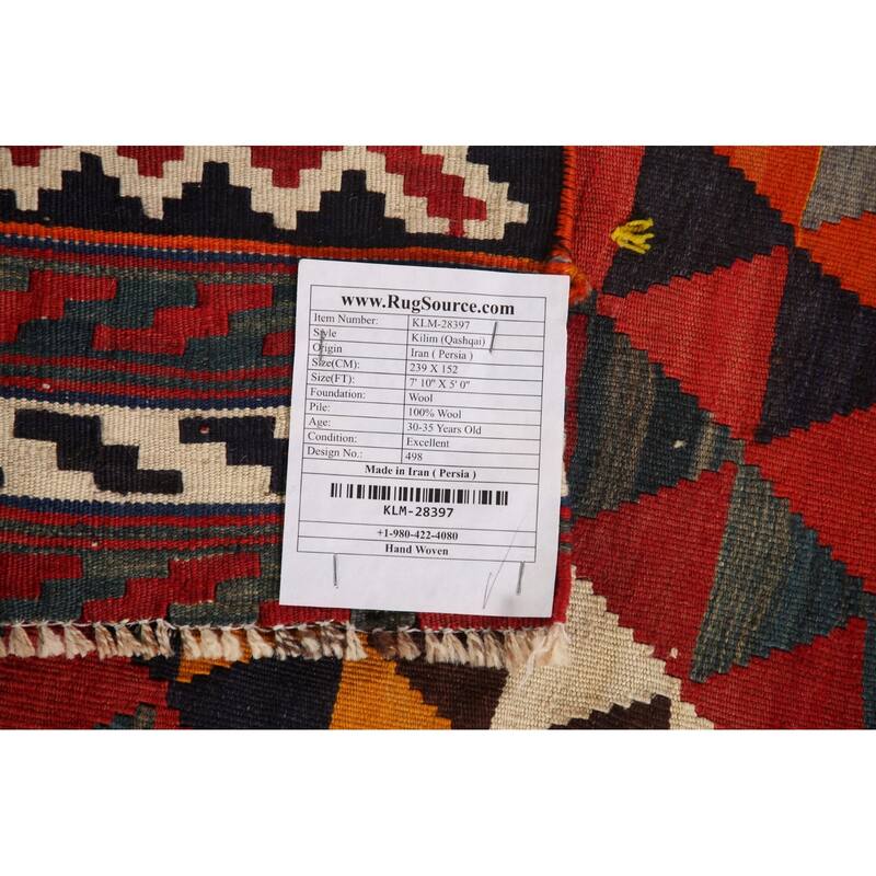 Geometric Kilim Qashqai Persian Vintage Area Rug Flatweave Wool Carpet - 5'0" x 7'10"