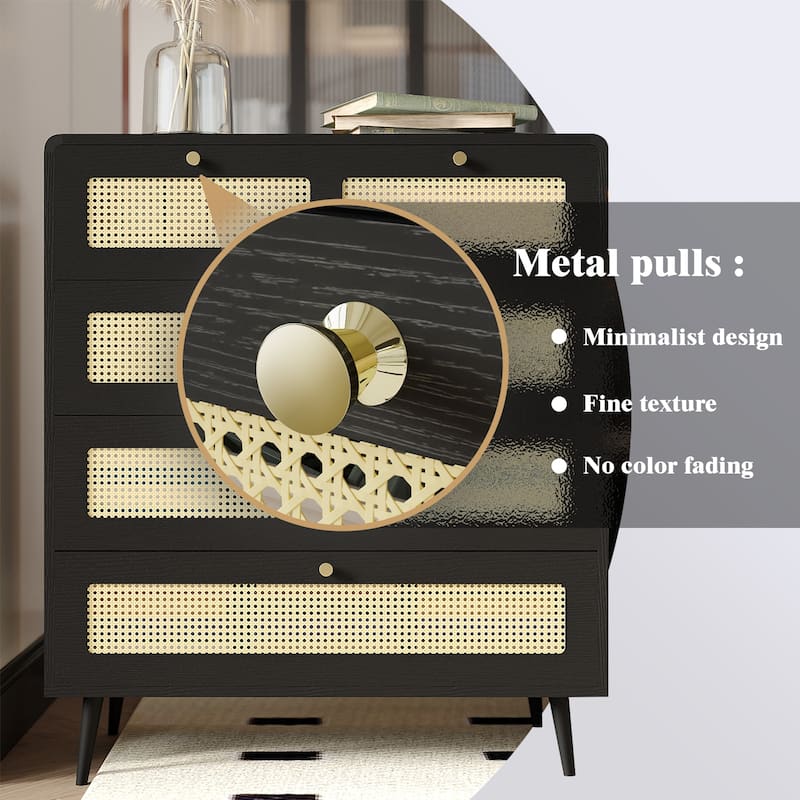 Modern Rattan Dressing Farmhouse Wood Storage Cabinet with 4 Drawers and Metal Handles, for Bedroom Living Room Hallway