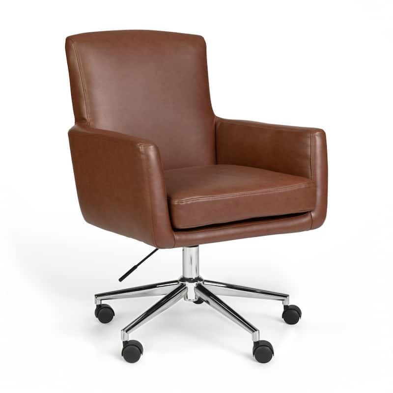 Martha Stewart Upholstered Swivel Home Office Chair with Padded Arms - 26.5"W x 26"D x 35.25" - 38.5"H - Saddle Brown Faux Leather/Polished Nickel Frame