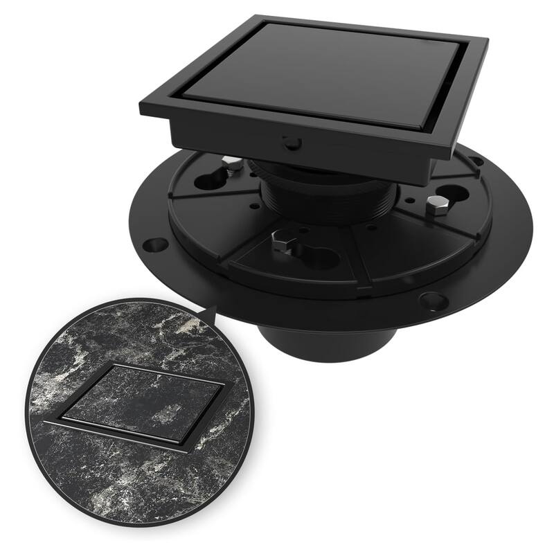 4/6-Inch Square Shower Drain, Reversible Tile Insert - 4 inch - Black