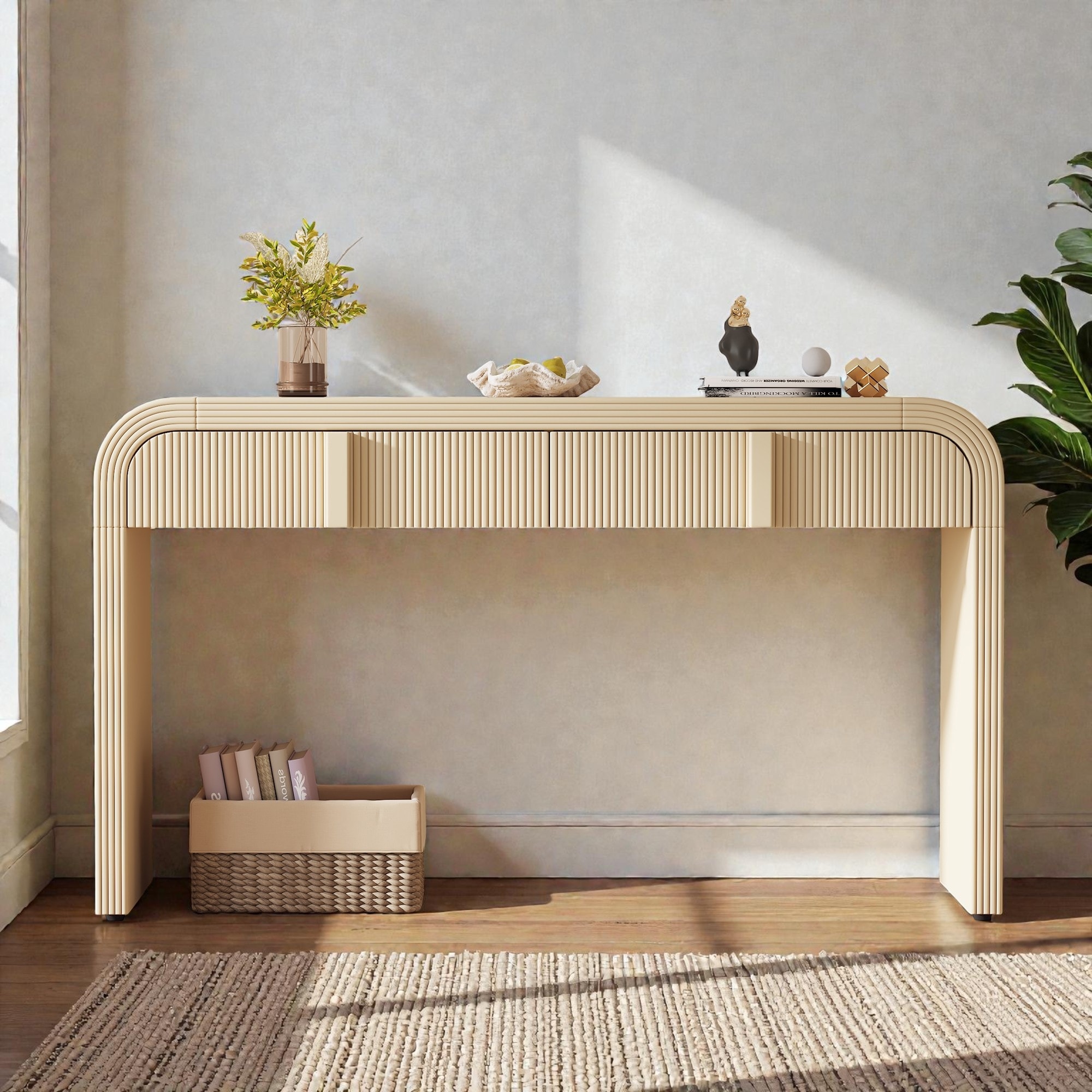 Modern Fluted Console Table with 2 Drawers, Rounded Entryway Sofa Table for Hallway Living Room