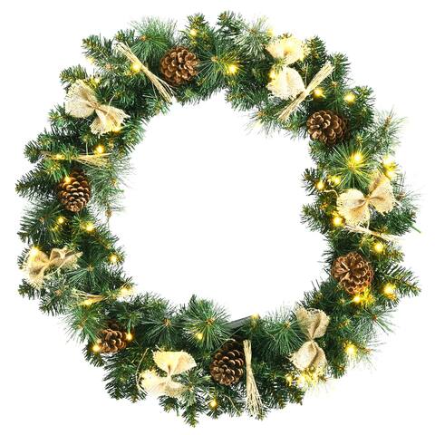 Costway 30" Pre-lit Artificial Christmas Wreath w/ Dry Straw Bow & - Green - See details