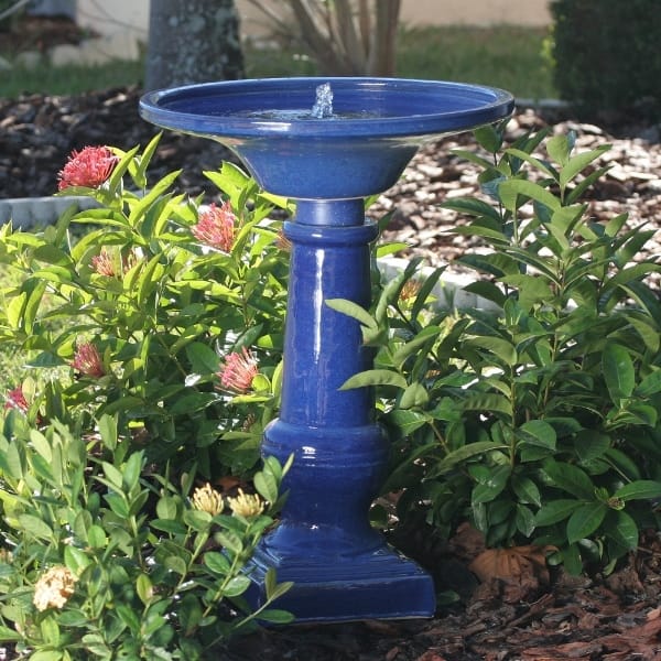 Smart Garden Athena Glazed Blue Ceramic Birdbath Fountain With Solar on
