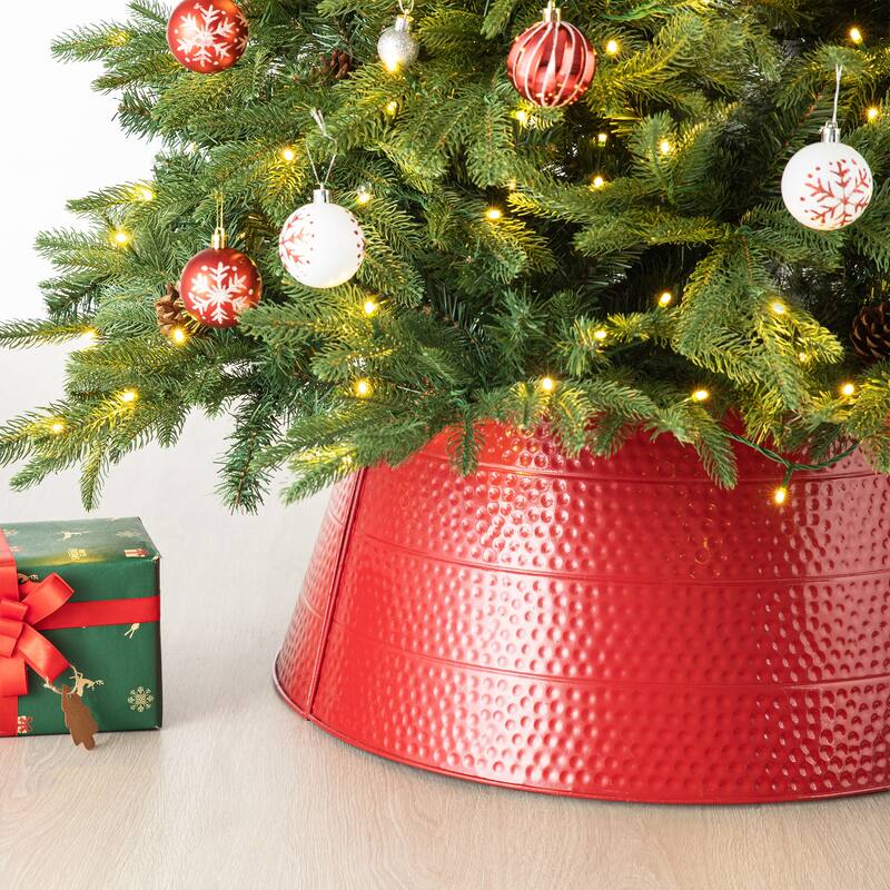 Glitzhome 26"D/22"D Hammered Metal Christmas Tree Collars - Red-22"D