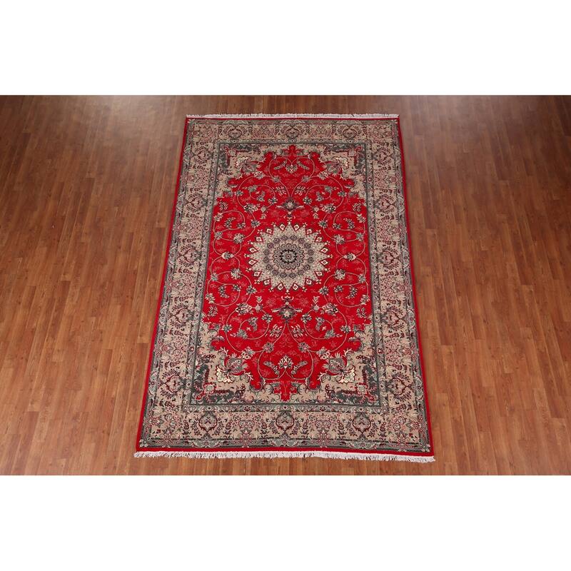 Red Medallion Kashan Turkish Rug Machine-Made Floral Carpet - 6'4" x 9'8"