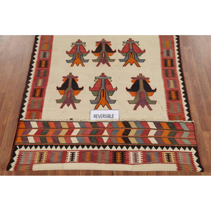 Vegetable Dye Kilim Qashqai Persian Antique Rug Flatweave Wool Carpet - 5'0"x 7'9"