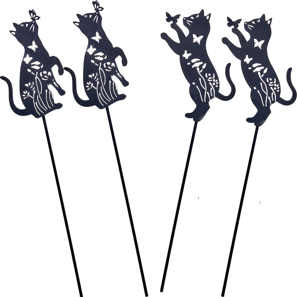 6" Iron Cat With Butterfly on 11" Stake For Pots, Set of 3