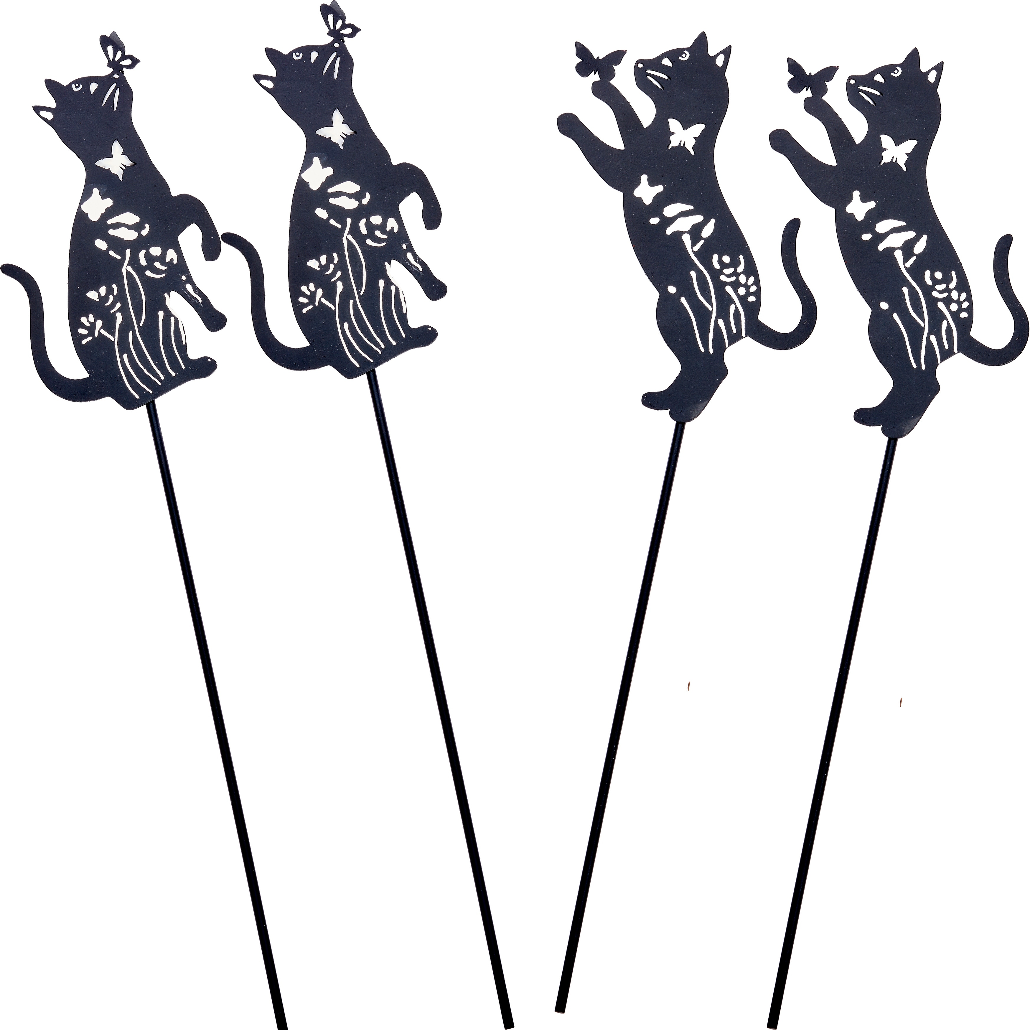 6" Iron Cat With Butterfly on 11" Stake For Pots, Set of 3