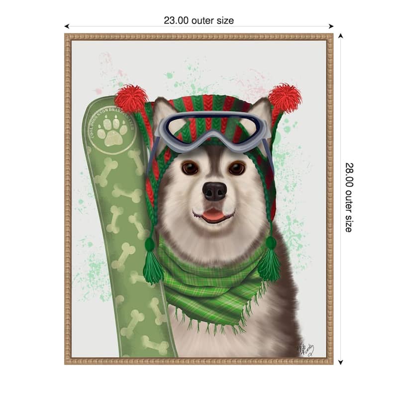 Husky Snowboard by Fab Funky (23 x 28 in.), Framed Canvas Wall Art Print - Sylvie Beaded Rustic Natural