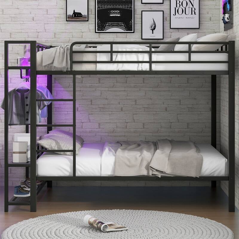 Full Over Full Size Bunk Bed with LED Light and Clothes Hanger, Metal Bunk Bedframe w/ Storage Mesh Shelves, Ladder & Guardrail