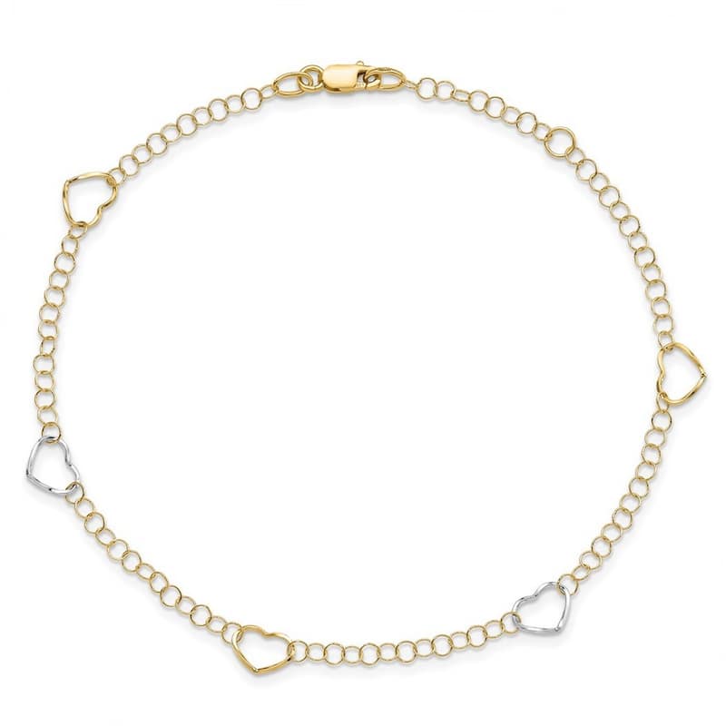 Curata Women's Italian 14k Two-Tone Gold Polished Open Heart Anklet - 9 +1 Inch