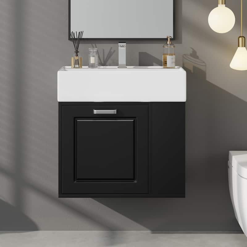 21.8" Floating Bathroom Vanity Cabinet with Ceramic Sink & Toilet Paper Holder for Small Space