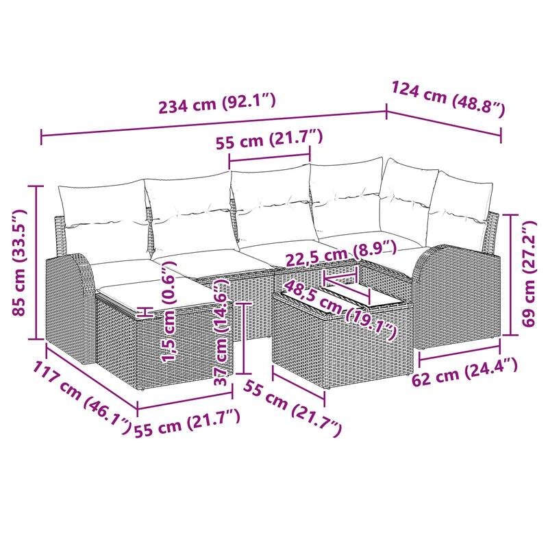 vidaXL 6/7 Garden Sofa Set with Cushions Black/Brown/Grey Poly Rattan - 92.1 x 48.8 x 27.2