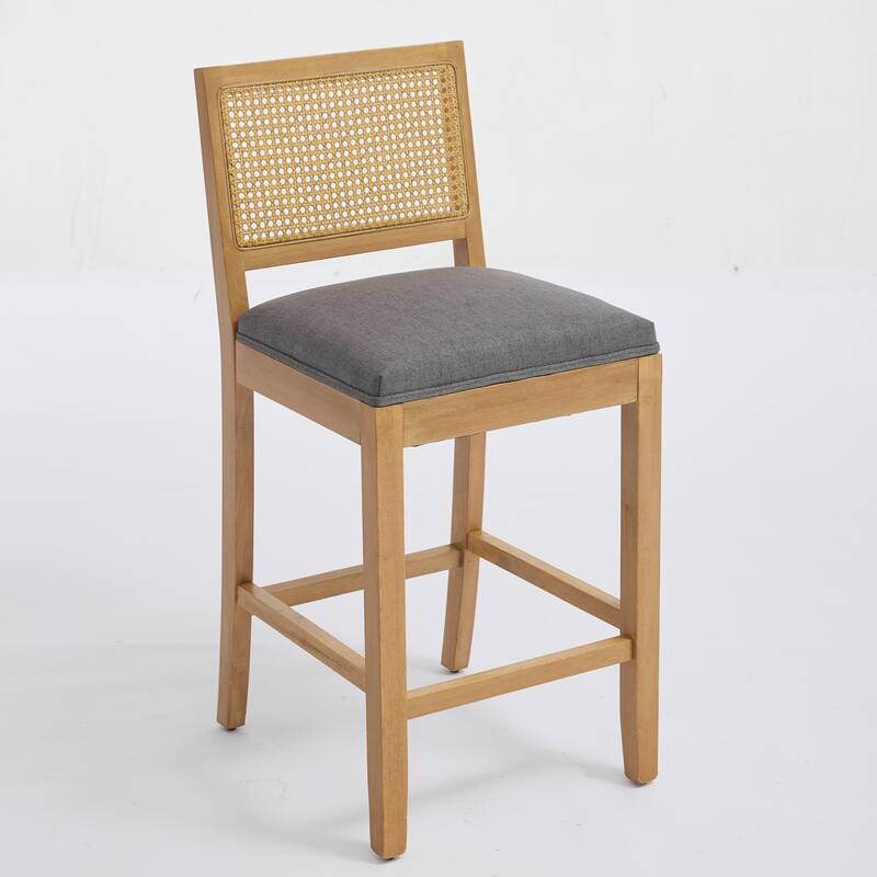 Full Solid Wood Rattan-Back Bar Stool, Matte Linen Cushion with High-Resilience Foam & S-Springs,Set of 2