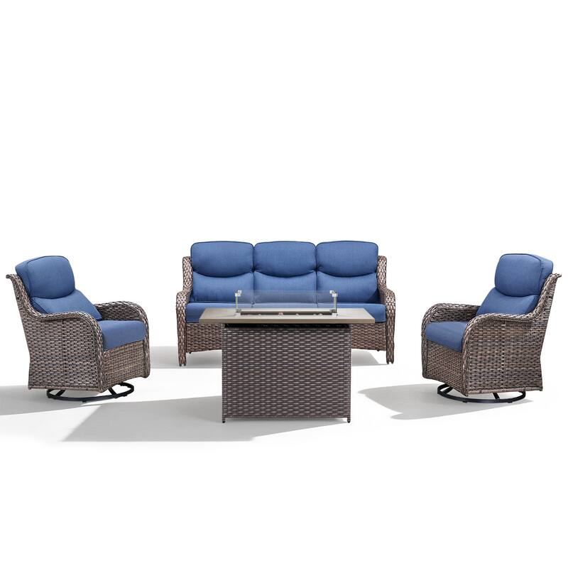 Meyreso 4-Piece Outdoor Patio Wicker Fire Pit Conversation Set with 5-Inch Thick Olefin Cushions