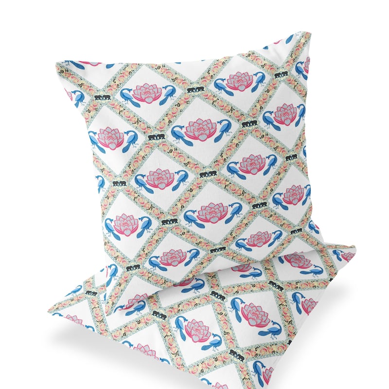 HomeRoots Set of Two 16" X 16" Blue and White Peacock Blown Seam Floral Indoor Outdoor Throw Pillow - 16.00' X '16.00' X '5.00