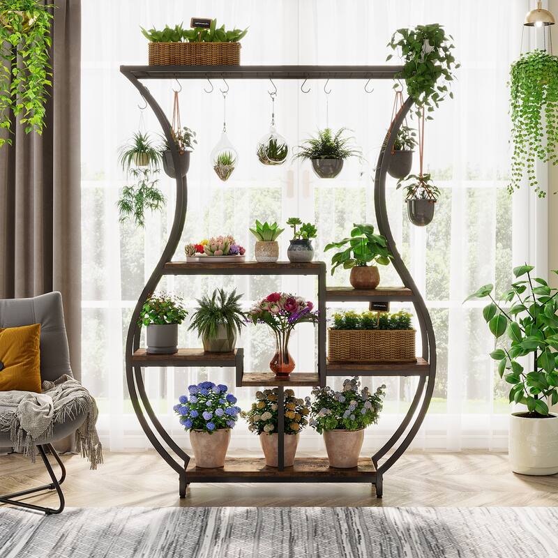 6 Tier Metal Plant Stand, 71 Inch Tall Plant Shelf with 10 Hanging Hooks - 47.2” W*11.8” D*70.9” H