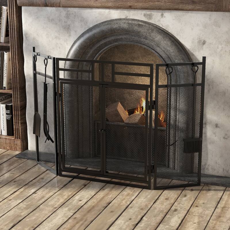 3-Panel Fireplace Screen with Doors and Tools Set, Wrought Iron Mesh Spark Guard for Indoor Fireplace Safety