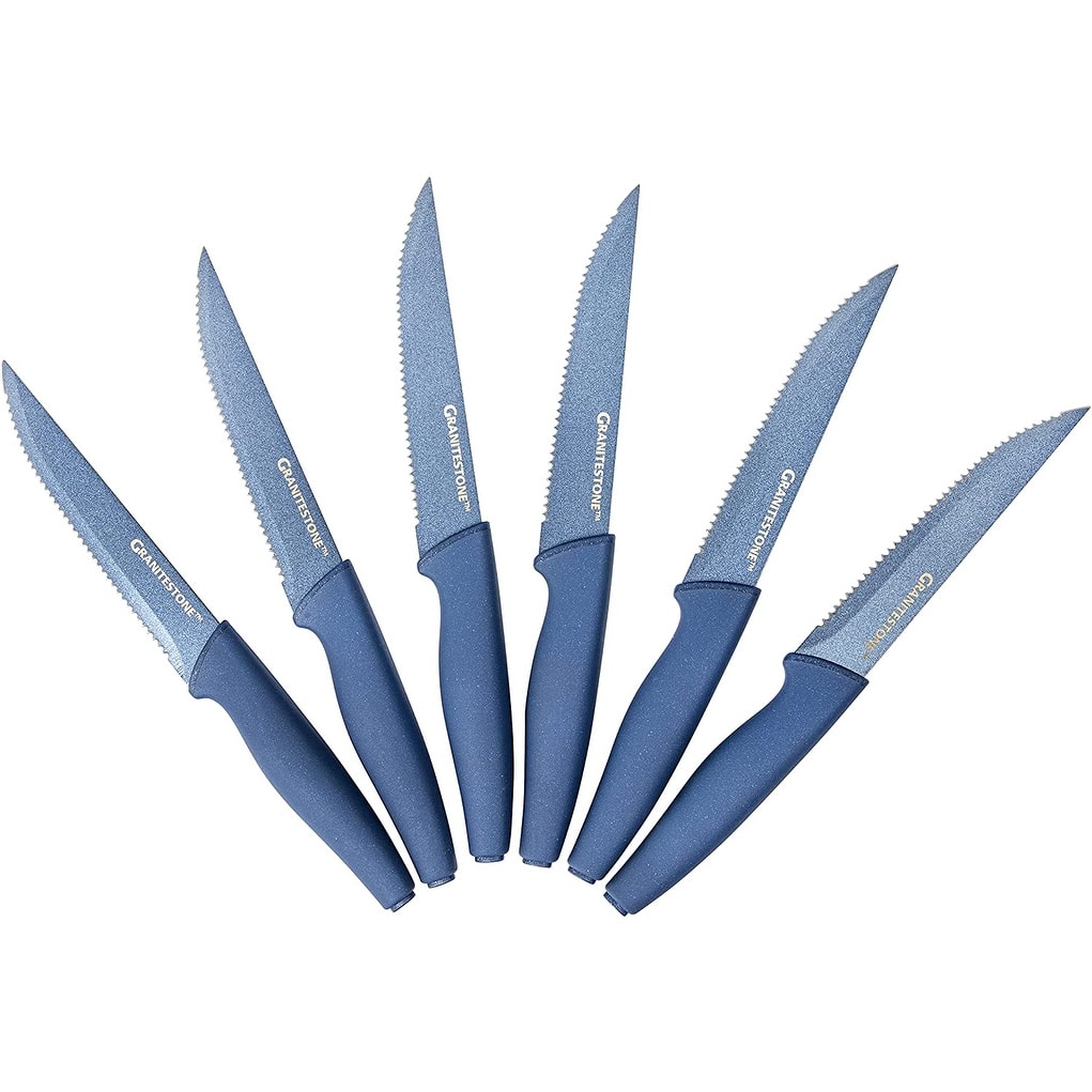 Granitestone NutriBlade Blue 6 Piece Nonstick Serrated Steak Knife Set with Easy Grip Handles