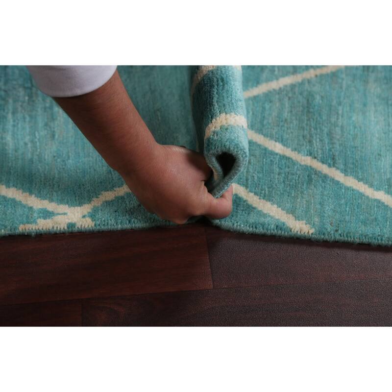 Turquoise Trellis Moroccan Vegetable Dye Area Rug Handmade Wool Carpet - 6'4" x 9'5"