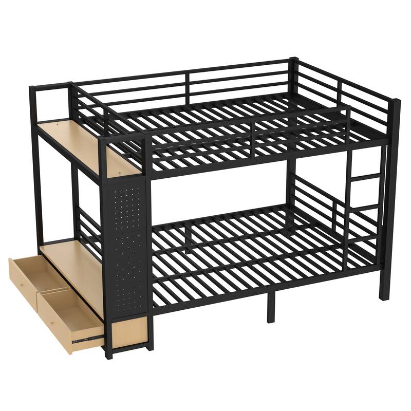 Queen over Queen / Full over Full Bunk Bed with Storage, Drawers & Pegboard - Durable Metal Bunk Bed for Teens